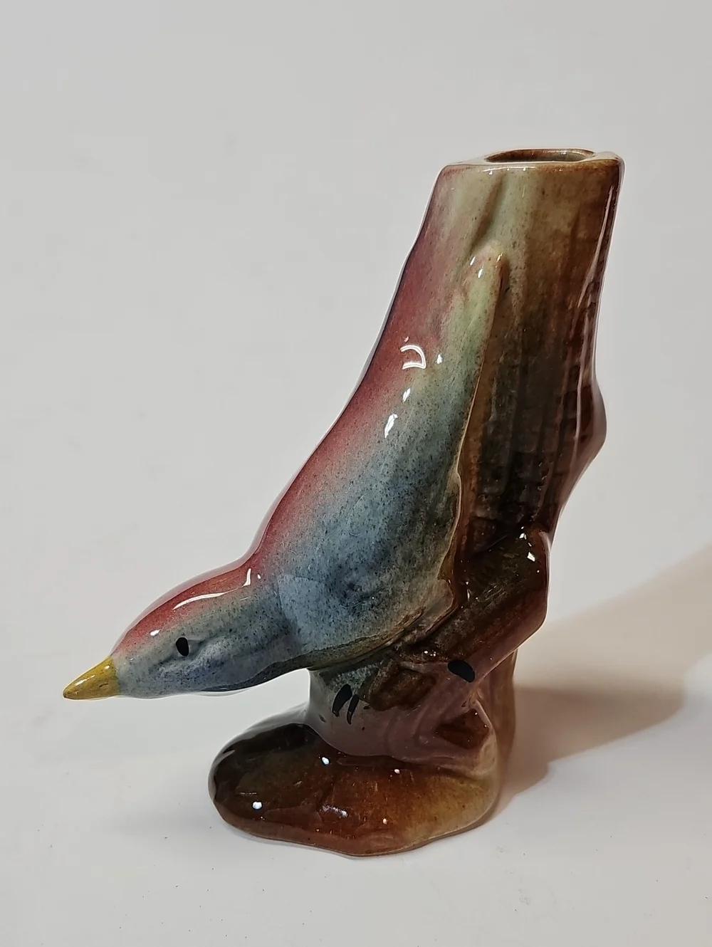 Vintage Ceramic Blue + Pink Nuthatch Bird Figural Bud Vase